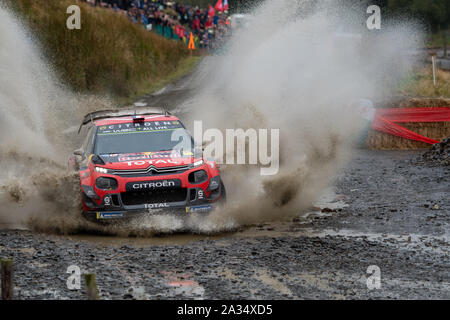 Hafren, UK. 05th Oct, 2019. SS13 Sweet Lamb Hafren, Wales Rally GB 2019 Stage 13: Sebastien OGIER & Co Driver Julien INGRASSIA competing in the Citroen C3 WRC for Citroen Total WRT hit the water splash on SS13 Credit: Gareth Dalley/News Images Credit: News Images /Alamy Live News Stock Photo