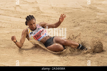 Doha, Qatar. 03rd Oct, 2019. Nafissatou Thiam (BEL) Aktion Weitspung Siebenkampf der Frauen, on 03.10.2019 World Athletics Championships 2019 in Doha/Qatar, from 27.09. - 10.10.2019. | Usage worldwide Credit: dpa/Alamy Live News Stock Photo