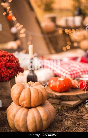 Halloween decorations with pumpkin and other decor objects Stock Photo