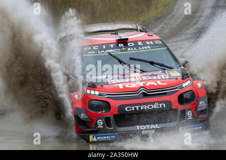 Hafren, UK. 05th Oct, 2019.SS13 Sweet Lamb Hafren, Wales Rally GB 2019 Stage 13: Esapekka LAPPI & Co Driver Janne FERM competing in the Ciroen C3 WRC for Citroen Total WRT takes on the water splash at Sweet Lamb Credit: Gareth Dalley/News Images Stock Photo