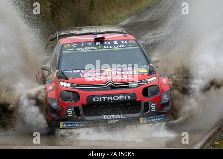 Hafren, UK. 05th Oct, 2019.SS13 Sweet Lamb Hafren, Wales Rally GB 2019 Stage 13: Sebastien OGIER & Co Driver Julien INGRASSIA competing in the Citroen C3 WRC for Citroen Total WRT in full attack mode into the water Credit: Gareth Dalley/News Images Stock Photo