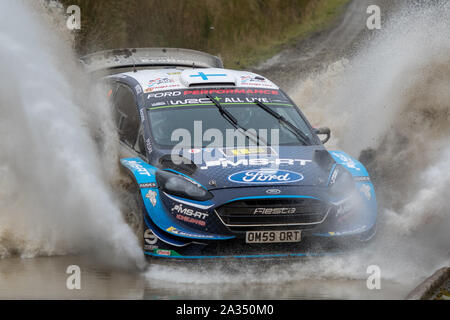 Hafren, UK. 05th Oct, 2019.SS13 Sweet Lamb Hafren, Wales Rally GB 2019 Stage 13: Teemu SUNINEN & Co Driver Jarmo LEHTINEN competing in the Ford Fiesta WRC for M-Sport Ford World Rally Team attacks the water splash at Sweet Lamb Credit: Gareth Dalley/News Images Stock Photo