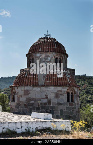 Traditional Church atop a rocky summit, Filia, Lesbos, Greece. Stock Photo