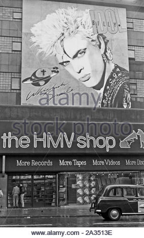 HMV Shop Oxford Street London, with Billy Idol Whiplash Smile album promotional Billboard above the store entrance from 1986 Stock Photo