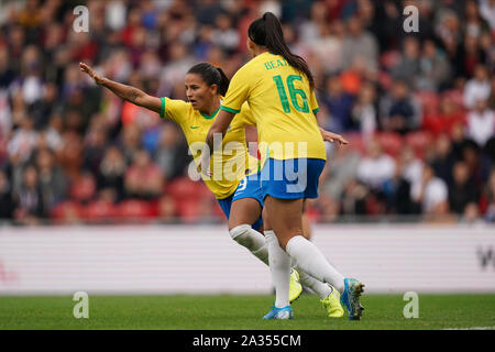 Middlesbrough, UK. 05th Oct, 2019. MIDDLESBROUGH, ENGLAND - OCTOBER 05: Debinha of Brazil celebrates scoring with Joao Beatrix during the International Women's friendly between England Women and Brazil Women at Riverside Stadium, on October 05, 2019 in Middlesbrough, England. (Photo by Daniela Porcelli/SPP) Credit: SPP Sport Press Photo. /Alamy Live News Stock Photo