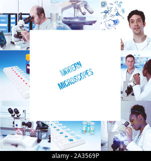 Microscopes in the modern research laboratory, modern collage with copy-space, square composition Stock Photo