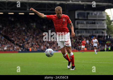 London, UK. 05th Oct, 2019. Chris Solly of Charlton Athletic in action. EFL Skybet championship match, Fulham v Charlton Athletic at Craven Cottage in London on Saturday 5th October 2019. this image may only be used for Editorial purposes. Editorial use only, license required for commercial use. No use in betting, games or a single club/league/player publications . pic by Steffan Bowen/Andrew Orchard sports photography/Alamy Live news Credit: Andrew Orchard sports photography/Alamy Live News Stock Photo