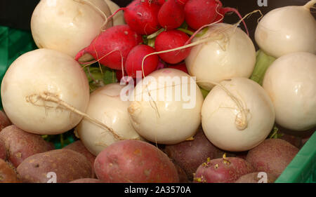 fresh beetroot and radish in a basket on a healthy market, vegetables in a bio store close-up view Stock Photo