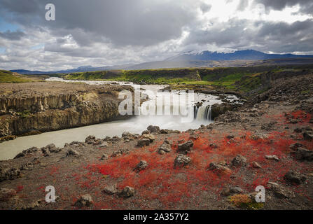 Thjofafoss Waterfall with Hekla Volcano on Top, a Hidden Gem in Iceland Stock Photo