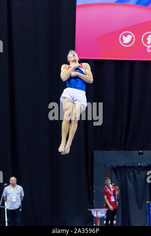 Birmingham, England, UK. 28 September 2019. Benjamin Goodall (OLGA Poole) in action during the Trampoline, Tumbling and DMT British Championship Qualifiers at the Arena Birmingham, Birmingham, UK. Stock Photo