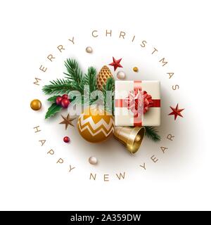 Merry Christmas and New Year greeting card design. Vector illustration. Elements are layered separately in vector file. Stock Vector