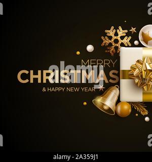 Merry Christmas and New Year greeting card design. Festive Christmas decoration elements. Vector illustration. Stock Vector