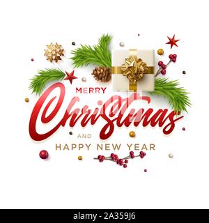 Merry Christmas and New Year greeting card design. Vector illustration. Elements are layered separately in vector file. Stock Vector