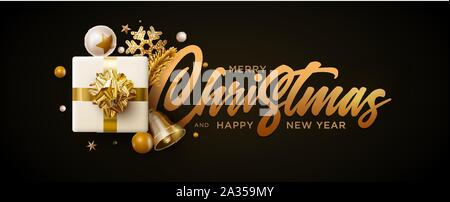Merry Christmas and New Year greeting card design. Festive Christmas decoration elements. Vector illustration. Stock Vector