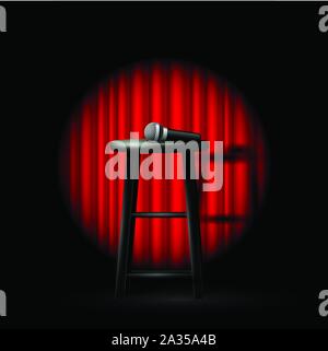 Stand up comedy show - microphone and stool in ray of spotlight and drop-curtain Stock Vector