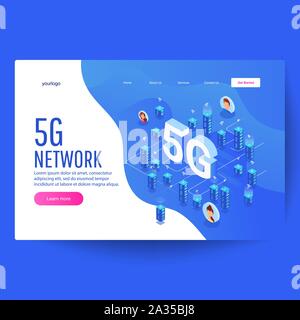 5G network technology, isometric concept of smart city, tall buildings with wireless internet. Can use for web banner, infographics, hero images. Stock Vector