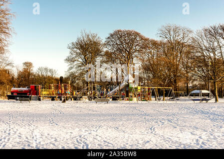 Scenic winter view to a large children playground in Seaton Park, Aberdeen, Scotland Stock Photo