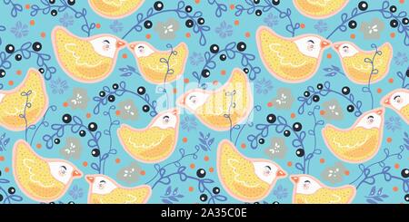 Seamless vector folk art style sugar bird pattern with cute bird couple in pastel tones. Funny and happy design for kids wear, nursery, home decor. Stock Vector