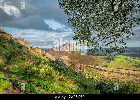 A Hen Cloud ramble view through tree branches at summer evening. The Roaches in Peak District, UK Stock Photo