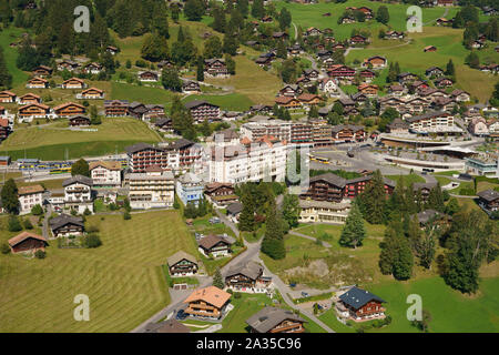 GRINDELWALD, CANTON OF BERNE, SWITZERLAND - SEPTEMBER 16, 2019: Aerial view of Grindelwald in the canton of Berne, Switzerland. Stock Photo