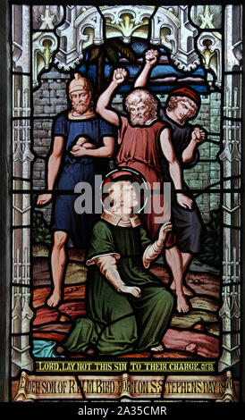 A stained glass window depicting The Stoning to Death of Saint Stephen, first Christian Martyr, St Lawrence Church, Barton on the Heath, Warwickshire Stock Photo