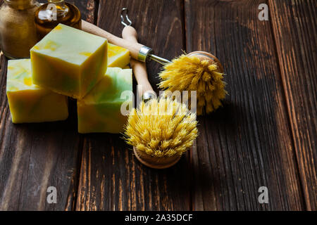 Compostable cleaning tools and soap, natural healthy lifestyle Stock Photo