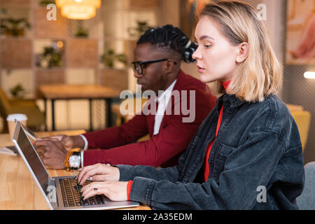 Young confident female employee and her African colleague sitting by laptops Stock Photo