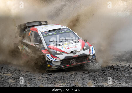 Llanidloes, UK. 5th Oct, 2019. Ott Tanak and co-driver Martin Jarveoja compete in their Toyota Gazoo Racing WRT Toyota Yaris WRC during Stage Thirteen of the Wales Rally GB, Credit: Jason Richardson/Alamy Live News Stock Photo