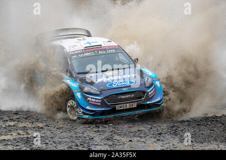 Llanidloes, UK. 5th Oct, 2019. Teemu Suninen and co-driver Jarmo Lehtinen compete in their their M-Sport Ford Fiesta WRC during Stage Thirteen of the Wales Rally GB, Credit: Jason Richardson/Alamy Live News Stock Photo