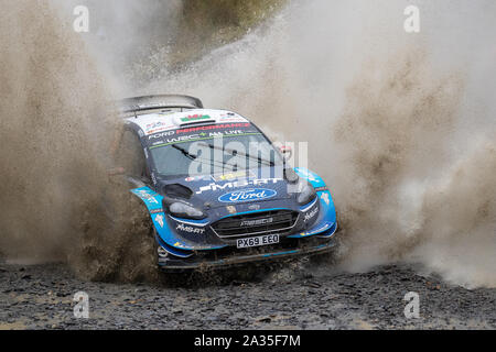 Llanidloes, UK. 5th Oct, 2019. Elfyn Evans and co-driver Scott Martin compete compete in their their their M-Sport Ford Fiesta WRC during Stage Thirteen of the Wales Rally GB, Credit: Jason Richardson/Alamy Live News Stock Photo