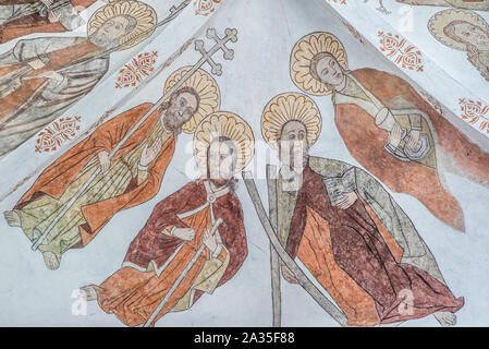 Mural of four apostles with their symbols, a wall-painting from about the year 1500 in the church of St. Mary, Elsinore, Denmark, May 14, 2019 Stock Photo
