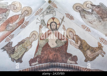 Mural of Christ on the judgment day  from about the year 1500 in the church of St. Mary, Elsinore, Denmark, May 14, 2019 Stock Photo