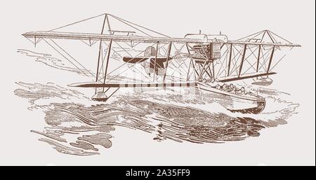 Historic flying boat swimming on a wavy water surface. Illustration after a lithography from the early 20th century Stock Vector