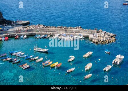 Vernazza, Italy- September 18, 2018: View of the city in the Ligurian sea of the ancient and typical Cinque Terre village in summer Stock Photo