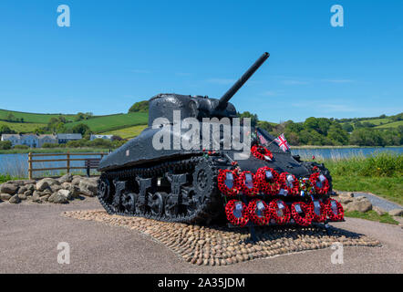 The Sherman tank recovered from the sea off Slapton Sands in South Devon erected as a tribute to those US soldiers who lost their lives in Operation T Stock Photo