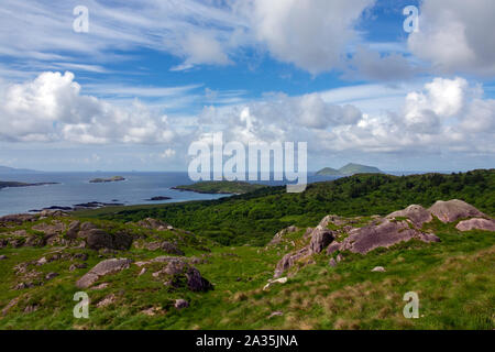 Scenic coastal landscape on the Ring of Kerry, a part of the Wild Atlantic Way on the west coast of the Republic of Ireland. Stock Photo