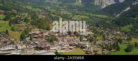 GRINDELWALD, CANTON OF BERNE, SWITZERLAND - SEPTEMBER 16, 2019: Aerial view of Grindelwald in the Bernese Alps, canton of Berne, Switzerland. Stock Photo