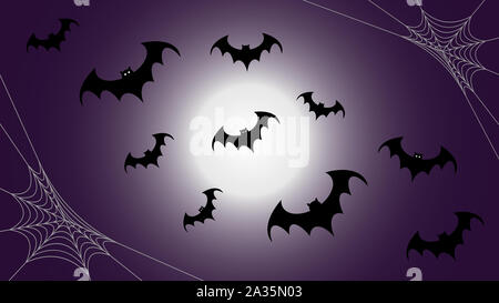 Halloween seamless pattern with flying black bat silhouettes and spider web on purple background, scary halloween concept Stock Photo
