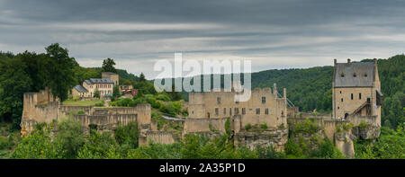 Larochette, Mersch / Luxembourg - 11 August 2019: panorama view of the historic castle of Larochette in the village of Larochette in the  canton of Me Stock Photo