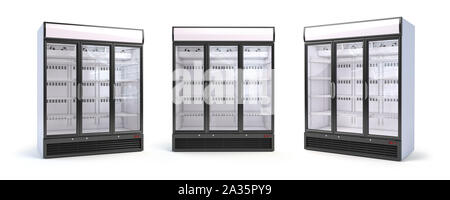 Set of empty showcase refrigerators in the grocery shop. Fridge with glass door isolated on white.  3d illustration Stock Photo