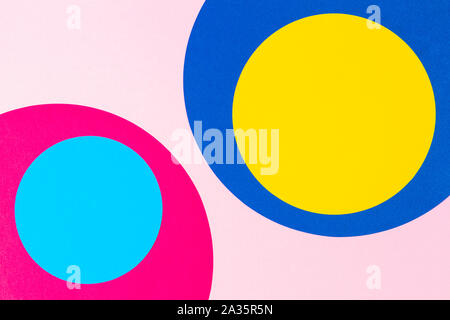 Texture background of fashion papers in memphis geometry style. Yellow, blue, pink colors. Top view, flat lay Stock Photo