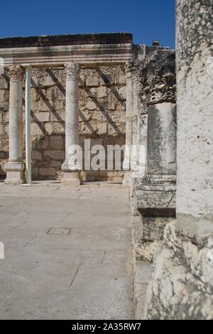first century ruins of a synagog in Israel by the sea of galilee, city of capernaum, Stock Photo