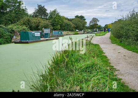Boats moored at the side of an algae covered Grantham canal by the towpath near the lock gates at Woolsthorpe By Belvoir Stock Photo