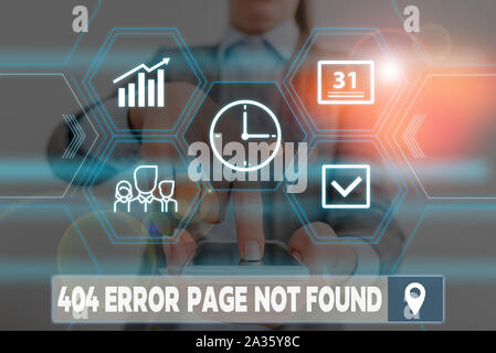 Conceptual hand writing showing 404 Error Page Not Found. Concept meaning Webpage on Server has been Removed or Moved Woman wear work suit presenting Stock Photo