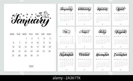 Vector Calendar Planner for 2020 Year with handdrawn lettering and doodles. Set of 12 Months. Week starts Monday. Stationery Design. Stock Vector