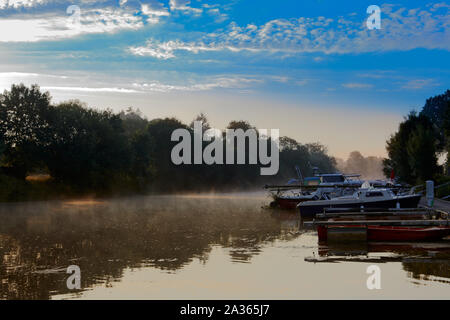 Image of the River Villaine at Pont-Rean, Brittiany, France with early mornining mist. Stock Photo