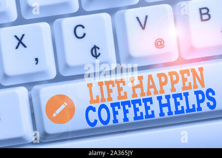 Writing note showing Life Happen Coffee Helps. Business concept for Have a hot drink when having problems troubles Keyboard with note paper on white b Stock Photo