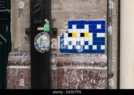 street art made of mosaic tiles created by Invader street artist, Bilbao, Northern Spain Stock Photo