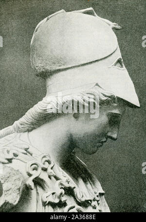 This photo dates to 1897 or earlier and shows the Pallas of Velletri, which is housed in Munich. Pallas is another name the ancient Greeks used for the goddess of wisdom — Athena. The Athena of Velletri or Velletri Pallas is a type of classical marble statue of Athena, wearing a helmet.  This bust of Athena is a copy from the 2nd century CE, probably after a cult statue by Kresilas in Athens. The inlaid eyes were lost.  It is housed in the Glyptothek in Munich, Germany. his bust of Athena is a copy from the 2nd century CE, probably after a cult statue by Kresilas in Athens. The original dated Stock Photo