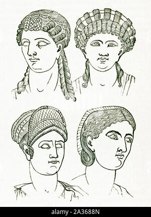 These illustrations of ancient Roman hairstytles date to 1897. They represent; from left to right; top to bottom: Octavia; Messalina (wife of Claudius); Sabina (wife of Hadrian); and Plautilla (wife of Caracalla). The bust of Octavia is in the Capitoline museum in Rome. The busts of the other three are in the British Museum in London. Octavia was the sister of the first Roman emperor; Augustus (ruled 27 B.C. to 14 A.D.); and the fourth wife of Mark Antony. Claudius was emperor of Rome from 41 to 54 a.D.; Hadrian was Roman emperor from 117 to 138 a.D. Caracalla was Roman emperor from 198 to 217 Stock Photo